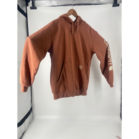 Carhartt Hoodie Sweatshirt Brown Heathered Logo Sleeve‎ Kanagaroo Pocket Med - Picture 11 of 11